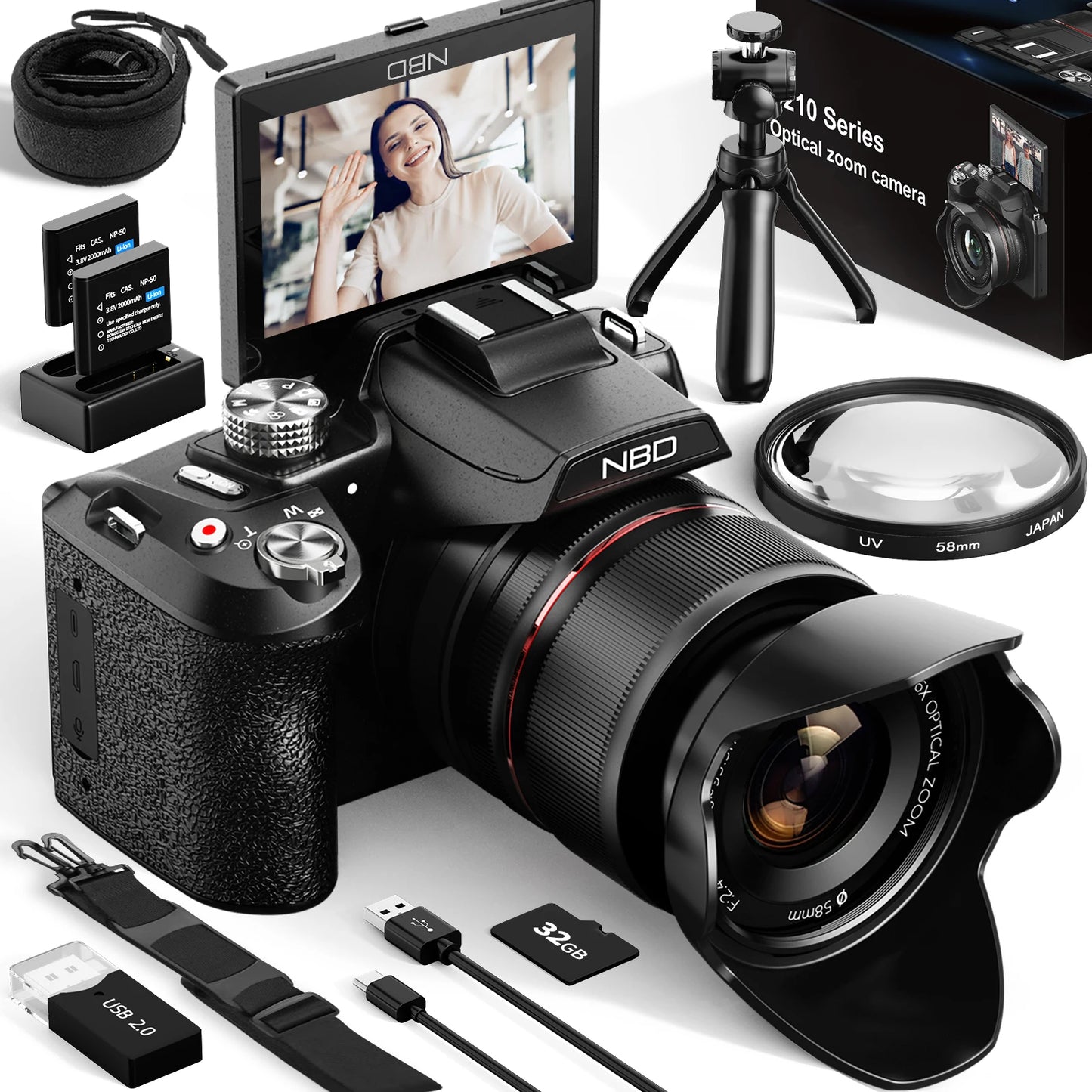 NBD 64MP Digital Cameras for Photography, 16X Optical Zoom Camera with WiFi & App Control, Vlogging Camera with 180°Flipable Scr